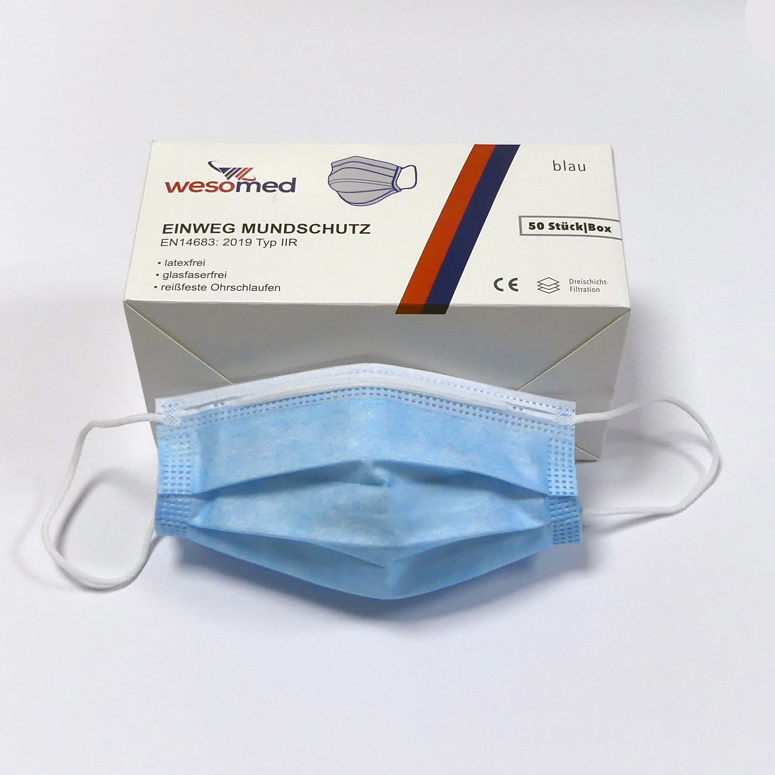 Masque hygiénique jetable, bleu - Type IIR, de 3 couches / boîte de 50 pcs - Application : protège le porteur contre l'inhalation 
de bacté... - image-1